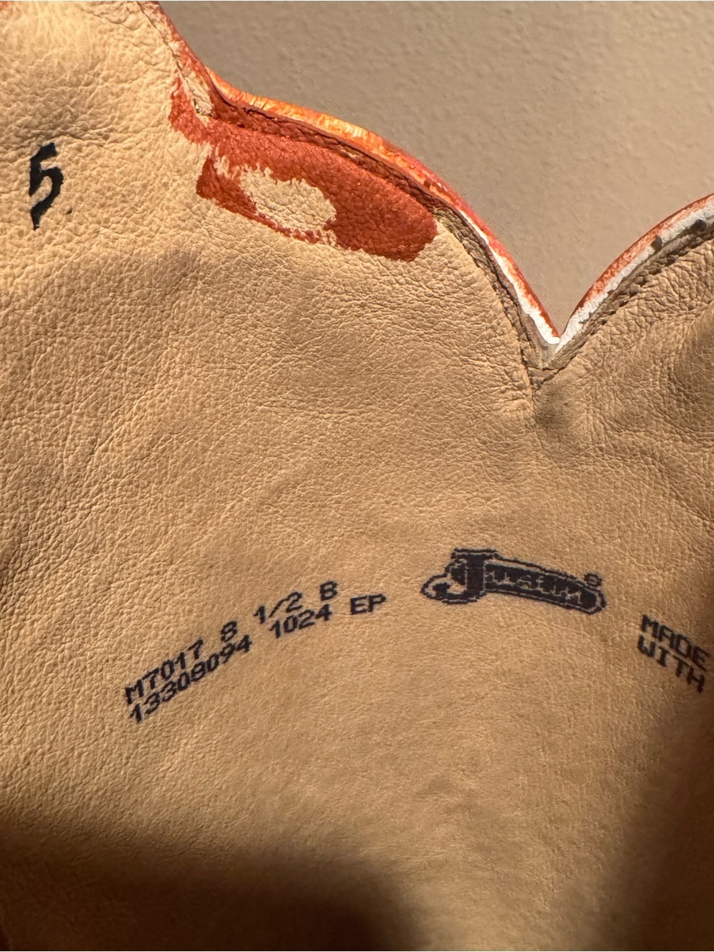 Justin Boots Orange Leather Western Boots with Black Appliqué - Picture 3 of 3